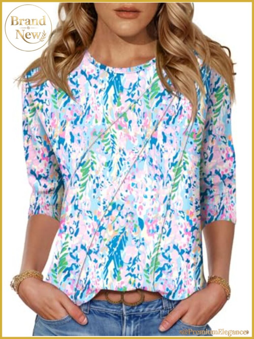 Women's 3/4 Sleeve Pleated Tunic Top Crew Neck Loose Fit Blouse